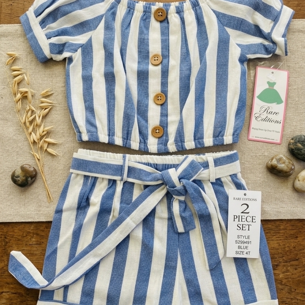 Rare Editions Blue/White Striped 2-Piece Girls Short Set, Size 4T, NWT